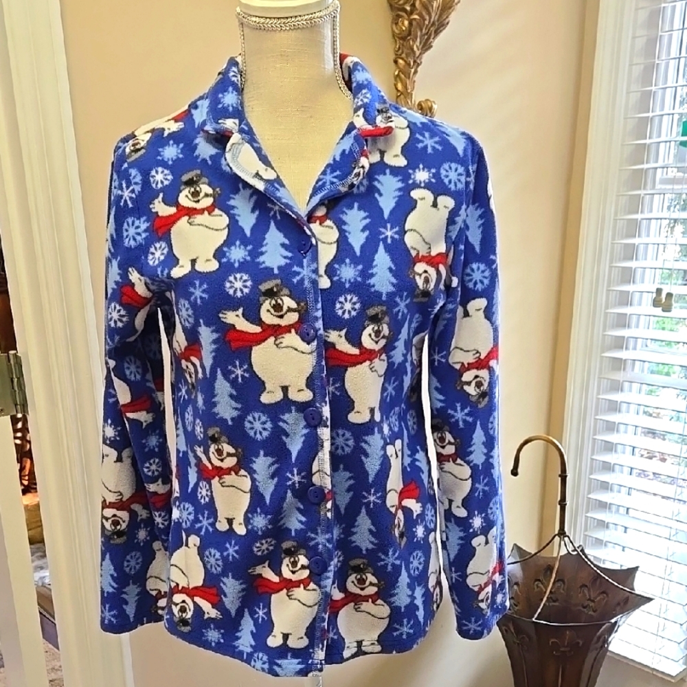 Frosty the Snowman blue white red fleece top buttons collar Medium Excellent…